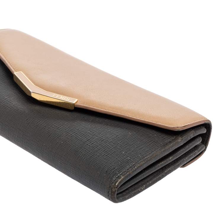 Pre Owned Fendi Grey/Beige Leather 2 Jours Flap Wallet