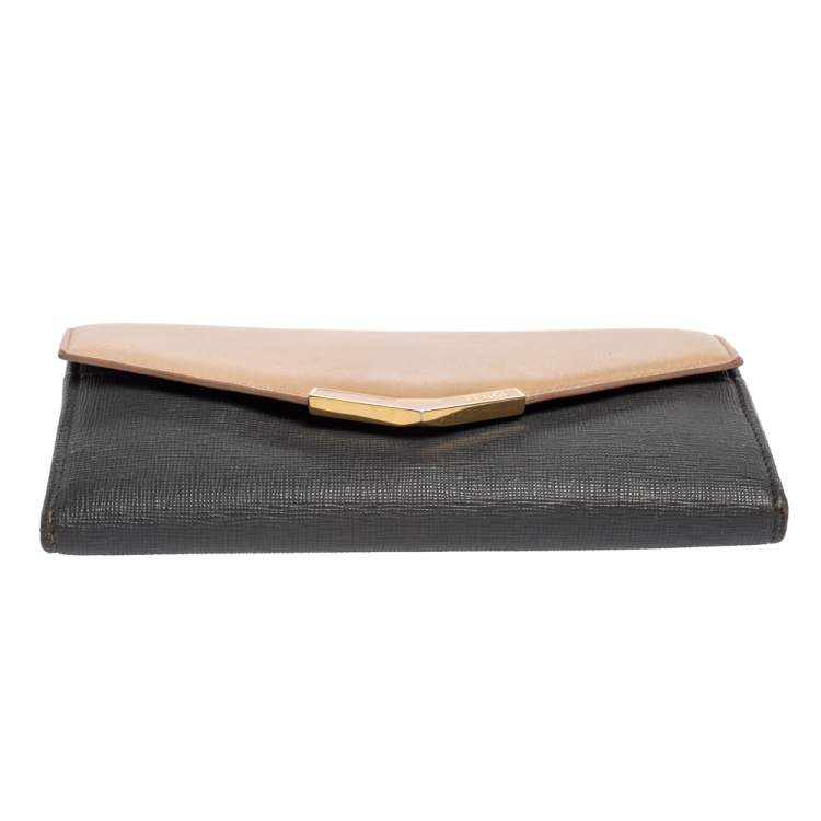 Pre Owned Fendi Grey/Beige Leather 2 Jours Flap Wallet