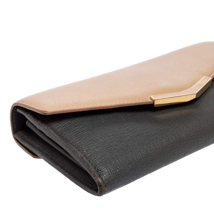 Pre Owned Fendi Grey/Beige Leather 2 Jours Flap Wallet