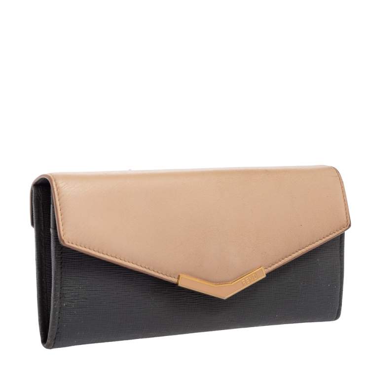 Pre Owned Fendi Grey/Beige Leather 2 Jours Flap Wallet