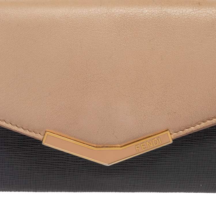 Pre Owned Fendi Grey/Beige Leather 2 Jours Flap Wallet