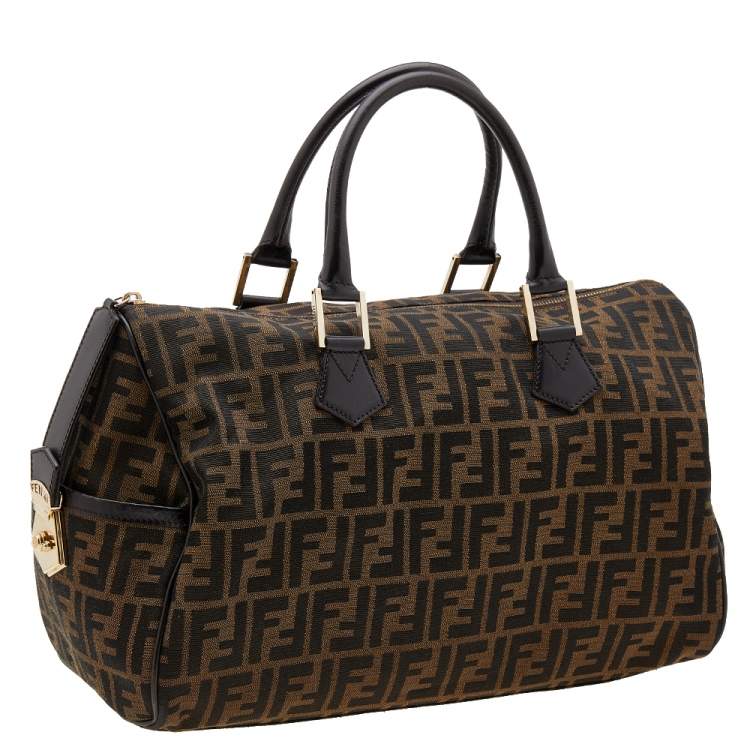 Pre Owned Fendi Tobacco Zucca Canvas and Leather Boston Bag