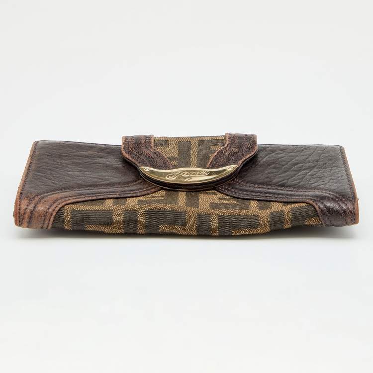 Pre Owned Fendi Tobacco Zucca Canvas and Leather Spy Continental Wallet