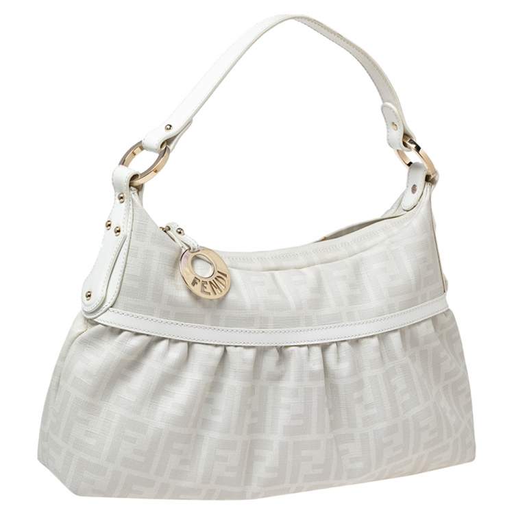 Pre Owned Fendi White FF Zucca Coated Canvas Chef Hobo