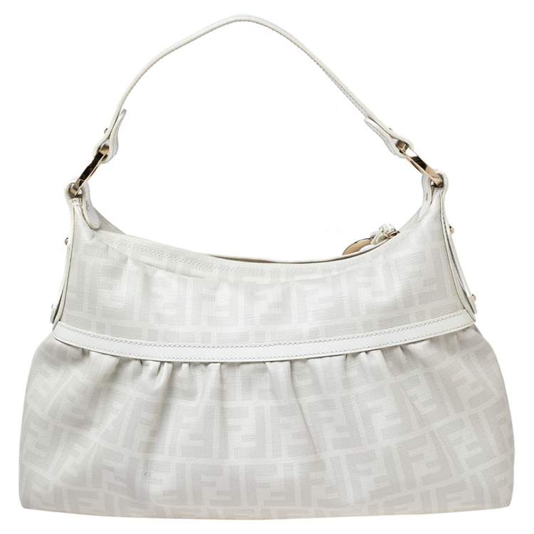 Pre Owned Fendi White FF Zucca Coated Canvas Chef Hobo