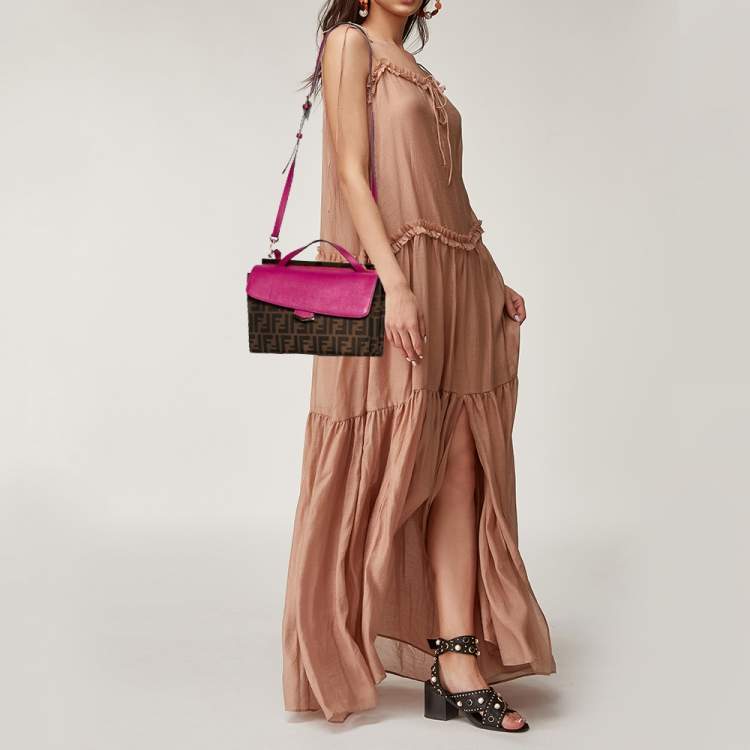 Pre Owned Fendi Fuchsia/Tobacco Zuccaa Canvas and Leather Demi Jour Top Handle Bag