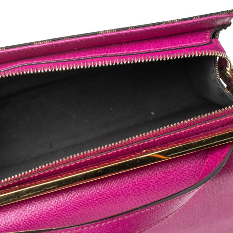 Pre Owned Fendi Fuchsia/Tobacco Zuccaa Canvas and Leather Demi Jour Top Handle Bag