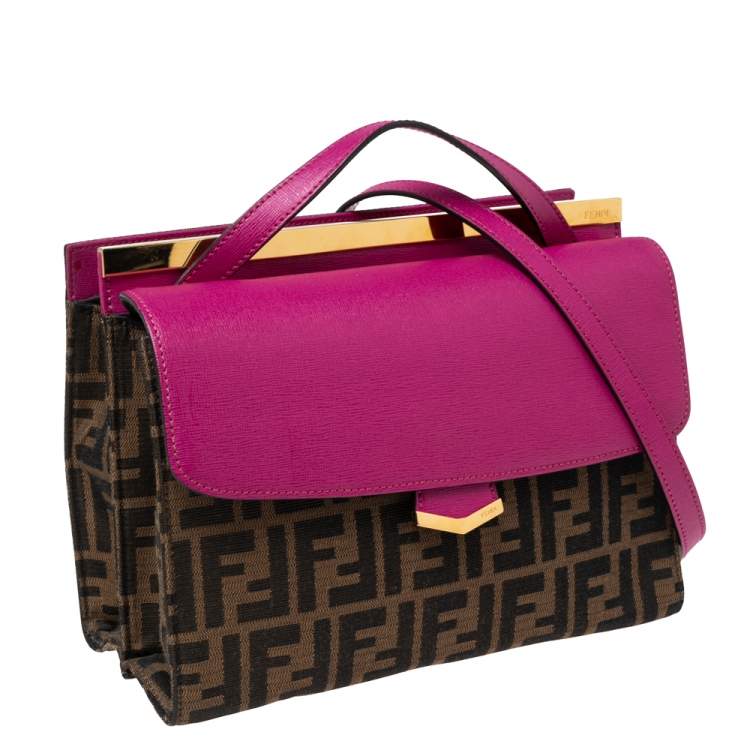 Pre Owned Fendi Fuchsia/Tobacco Zuccaa Canvas and Leather Demi Jour Top Handle Bag