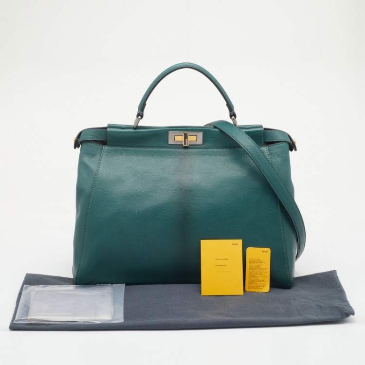 Pre Owned Fendi Green Leather Large Peekaboo Top Handle Bag