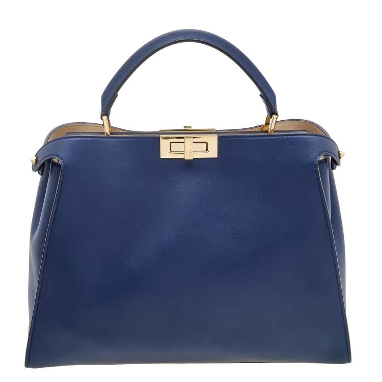 Pre Owned Fendi Navy Blue Leather Large Peekaboo Top Handle Bag