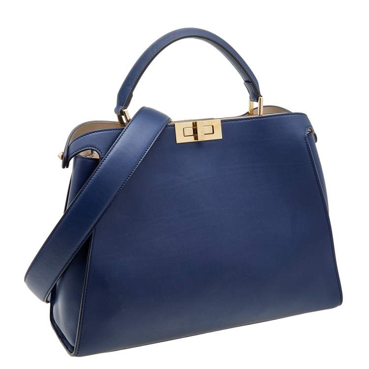Pre Owned Fendi Navy Blue Leather Large Peekaboo Top Handle Bag