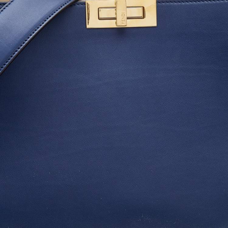 Pre Owned Fendi Navy Blue Leather Large Peekaboo Top Handle Bag