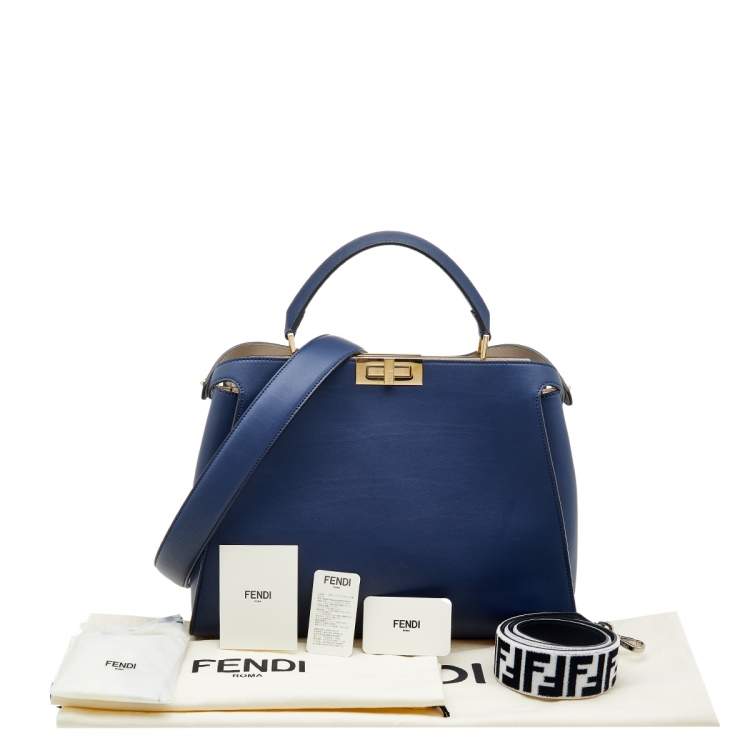 Pre Owned Fendi Navy Blue Leather Large Peekaboo Top Handle Bag