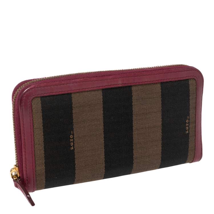 Pre Owned Fendi Magenta/Tobacco Pequin Stripe Canvas and Zip Around Continental Wallet