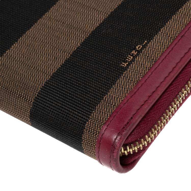 Pre Owned Fendi Magenta/Tobacco Pequin Stripe Canvas and Zip Around Continental Wallet