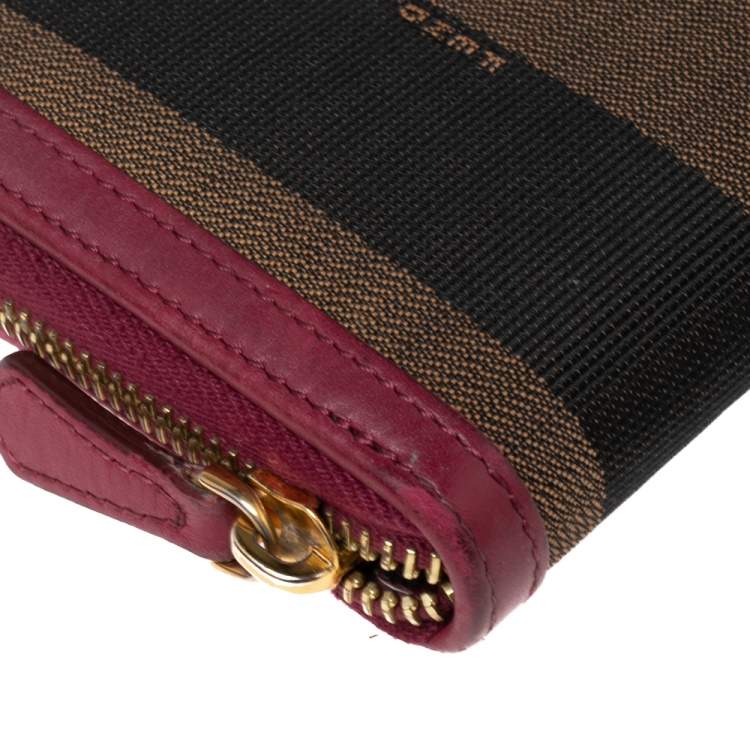 Pre Owned Fendi Magenta/Tobacco Pequin Stripe Canvas and Zip Around Continental Wallet