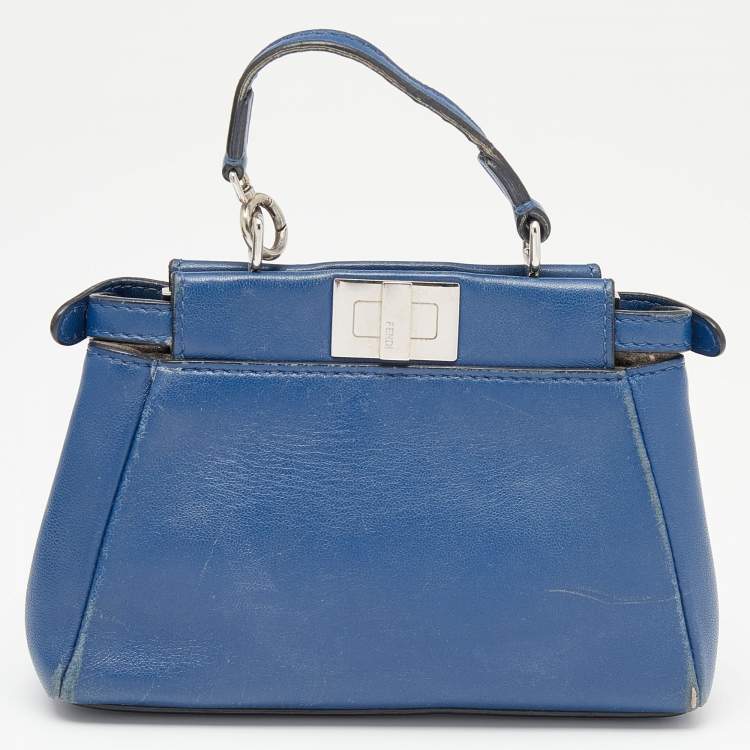 Pre Owned Fendi Blue Leather Micro Peekaboo Top Handle Bag