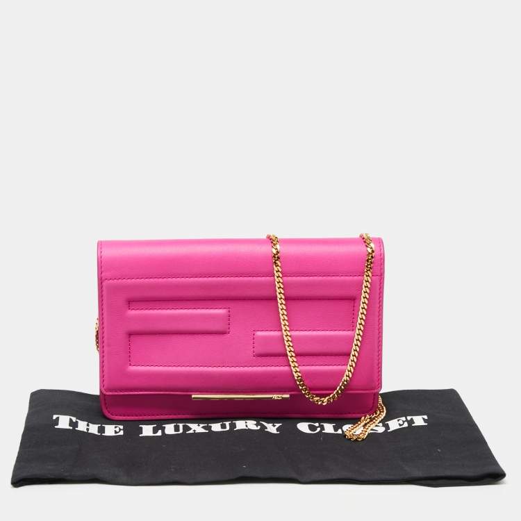Pre Owned Fendi Hot Pink Leather Tube Wallet on Chain