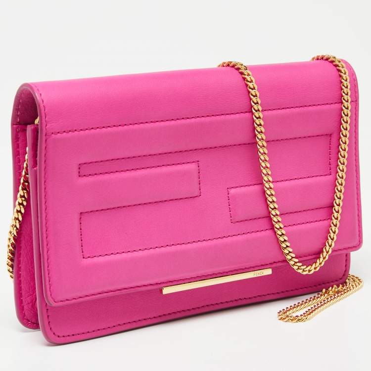 Pre Owned Fendi Hot Pink Leather Tube Wallet on Chain