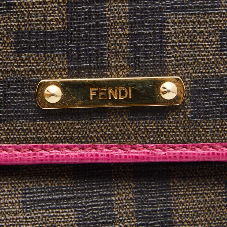 Pre Owned Fendi Pink/Brown Zucca Canvas and Leather Logo Trifold Compact Wallet