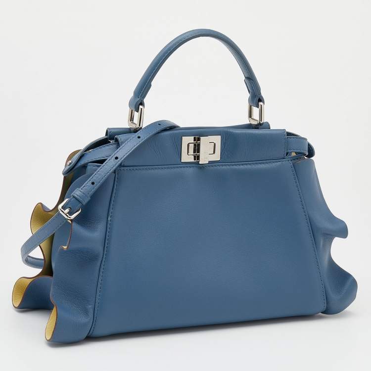 Pre Owned Fendi Blue/Yellow Leather Mini Wave Peekaboo Top Handle Bag