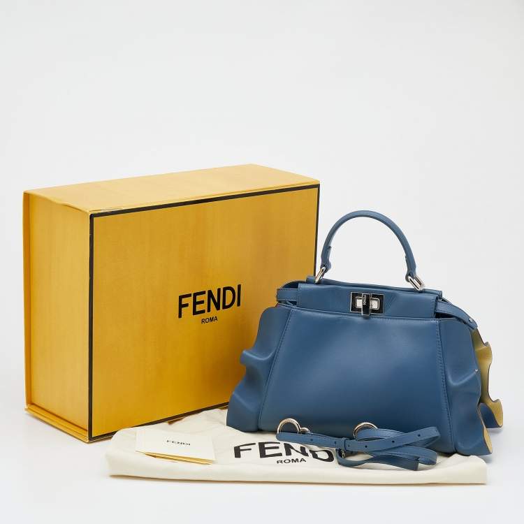 Pre Owned Fendi Blue/Yellow Leather Mini Wave Peekaboo Top Handle Bag