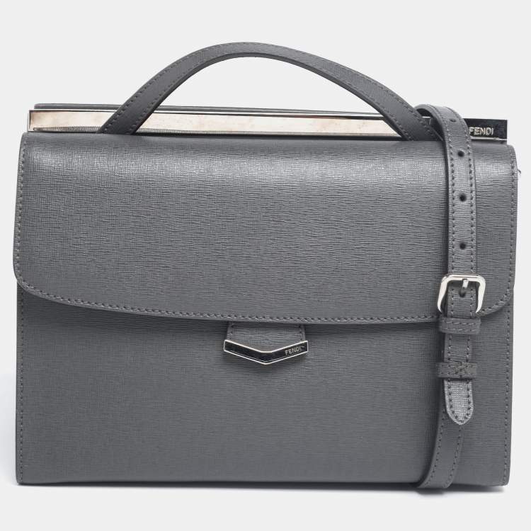 Pre Owned Fendi Grey Textured Leather Small Demi Jour Top Handle Bag