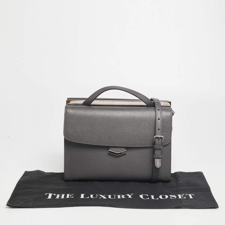 Pre Owned Fendi Grey Textured Leather Small Demi Jour Top Handle Bag