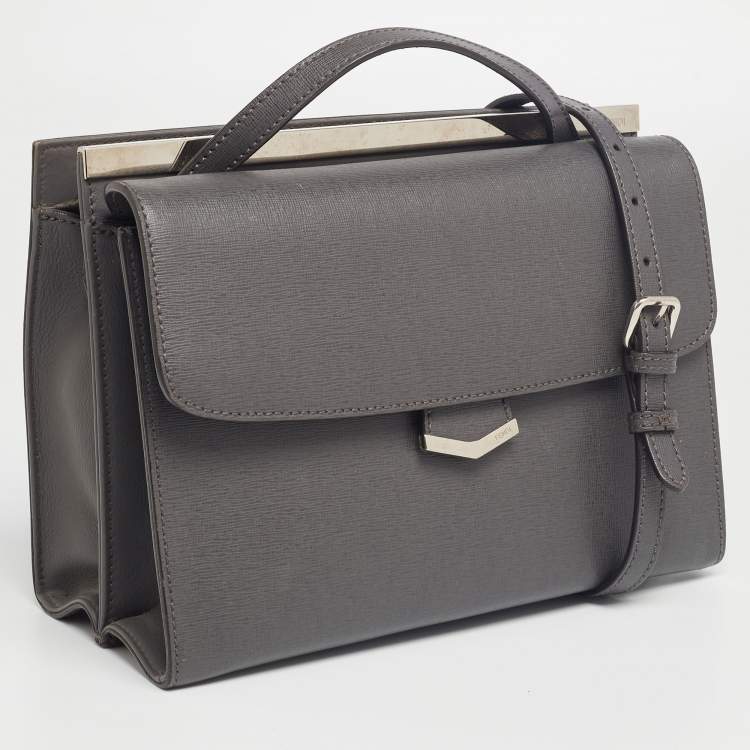 Pre Owned Fendi Grey Textured Leather Small Demi Jour Top Handle Bag
