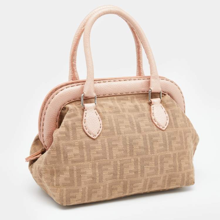 Pre Owned Fendi Beige/Pink Zucca Fabric And Leather Selleria Doctor Satchel