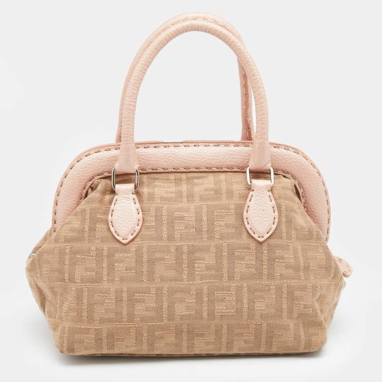 Pre Owned Fendi Beige/Pink Zucca Fabric And Leather Selleria Doctor Satchel