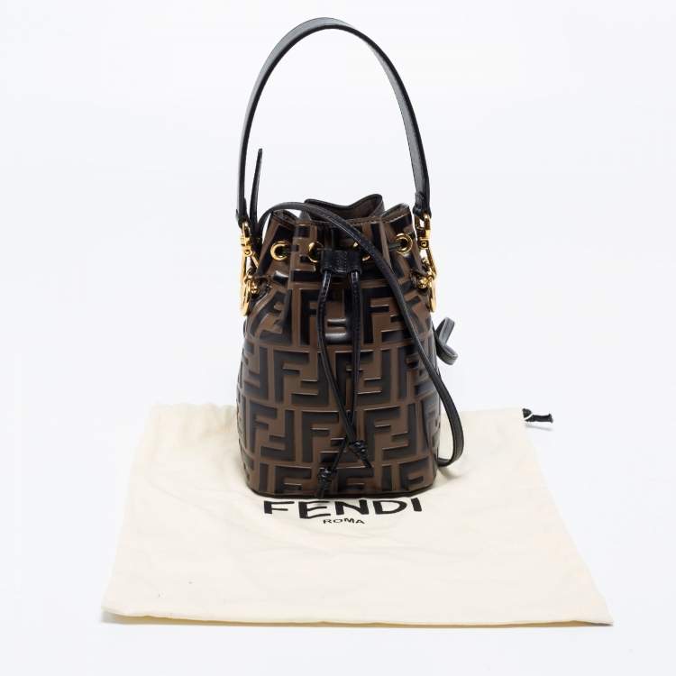 Pre Owned Fendi Brown/Black Zucca Leather Mini Mon Tresor Drawstring Bucket Bag