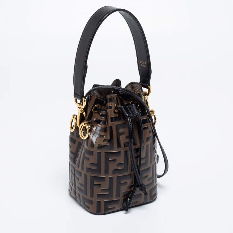 Pre Owned Fendi Brown/Black Zucca Leather Mini Mon Tresor Drawstring Bucket Bag