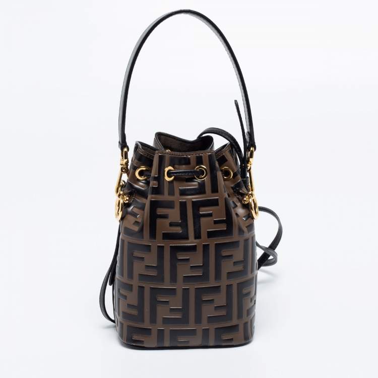 Pre Owned Fendi Brown/Black Zucca Leather Mini Mon Tresor Drawstring Bucket Bag