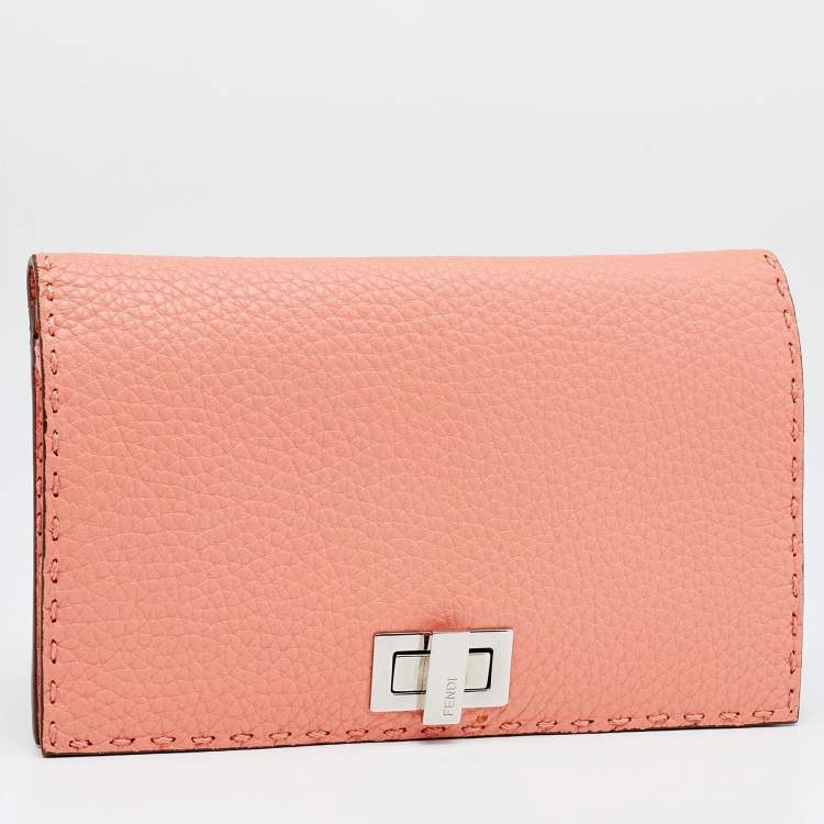 Pre Owned Fendi Peach Selleria Leather Peekaboo Wallet