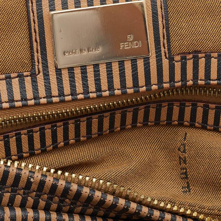 Pre Owned Fendi Brown FF Perforated Logo Stripe Leather Chef Hobo