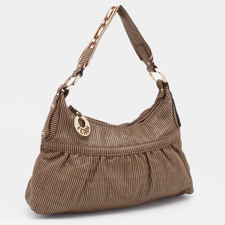 Pre Owned Fendi Brown FF Perforated Logo Stripe Leather Chef Hobo