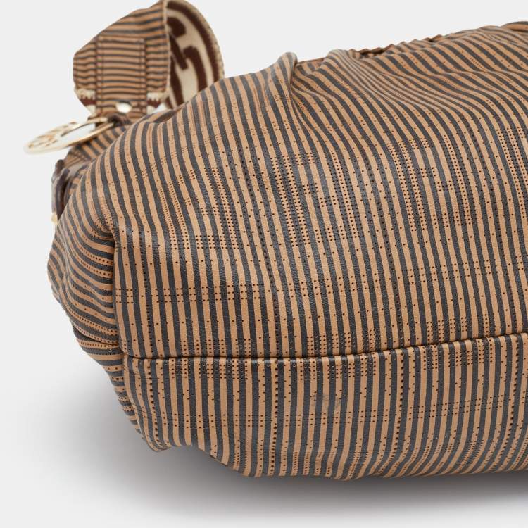 Pre Owned Fendi Brown FF Perforated Logo Stripe Leather Chef Hobo