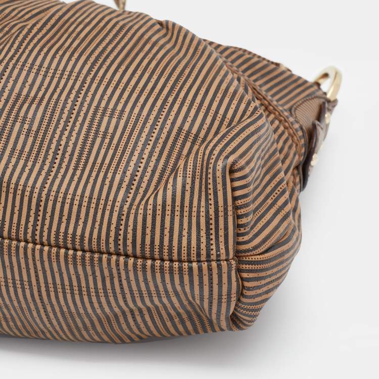 Pre Owned Fendi Brown FF Perforated Logo Stripe Leather Chef Hobo