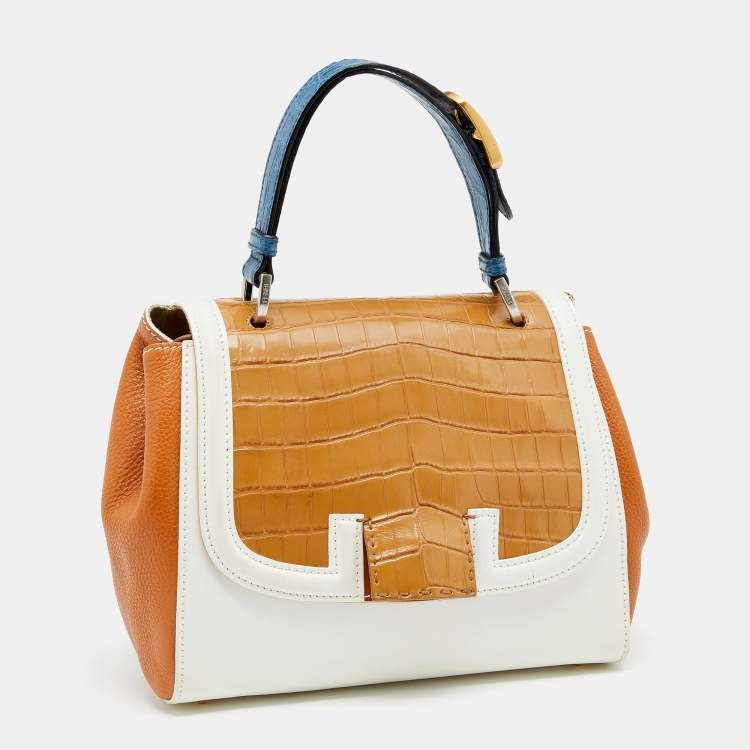 Pre Owned Fendi Multicolor Leather And Crocodile Silvana Top Handle Bag