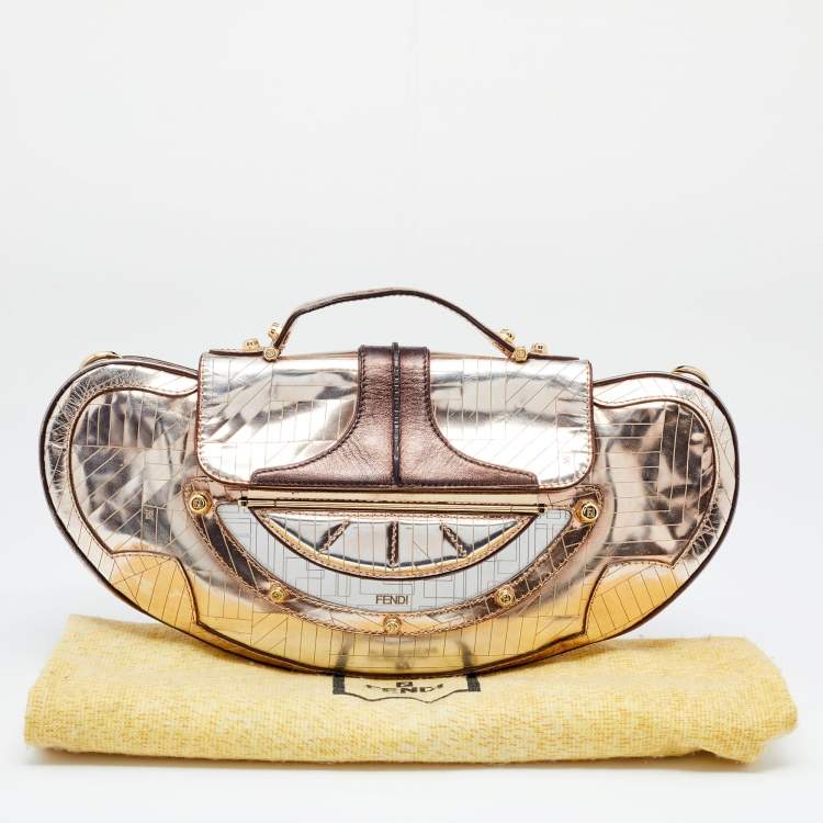 Pre Owned Fendi Metallic Bronze/Silver Leather Vanity Top Handle Bag