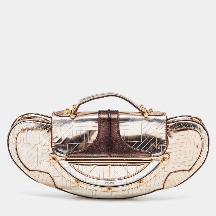 Pre Owned Fendi Metallic Bronze/Silver Leather Vanity Top Handle Bag