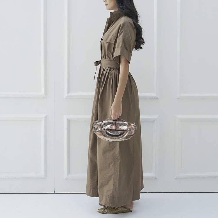 Pre Owned Fendi Metallic Bronze/Silver Leather Vanity Top Handle Bag