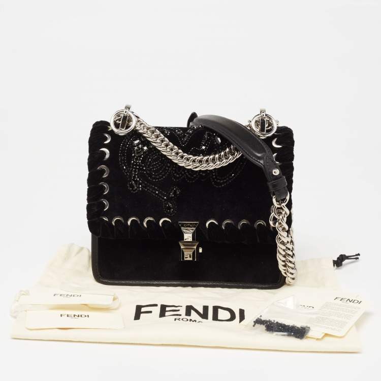 Pre Owned Fendi Black Velvet and Leather Small Kan I Logo Embellished Top Handle Bag