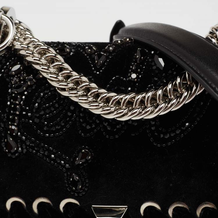 Pre Owned Fendi Black Velvet and Leather Small Kan I Logo Embellished Top Handle Bag