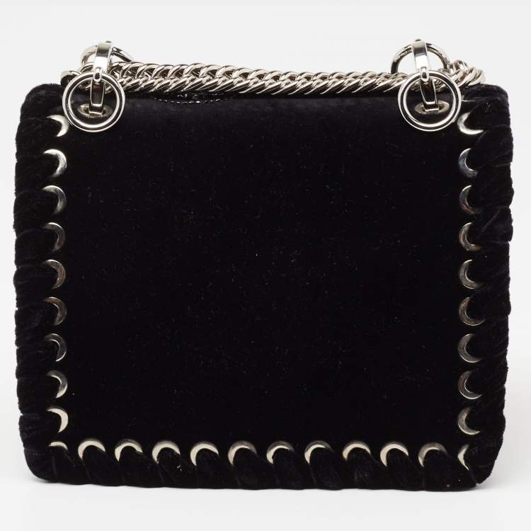 Pre Owned Fendi Black Velvet and Leather Small Kan I Logo Embellished Top Handle Bag