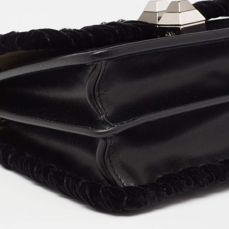 Pre Owned Fendi Black Velvet and Leather Small Kan I Logo Embellished Top Handle Bag