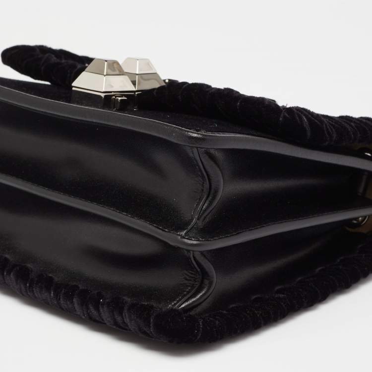 Pre Owned Fendi Black Velvet and Leather Small Kan I Logo Embellished Top Handle Bag