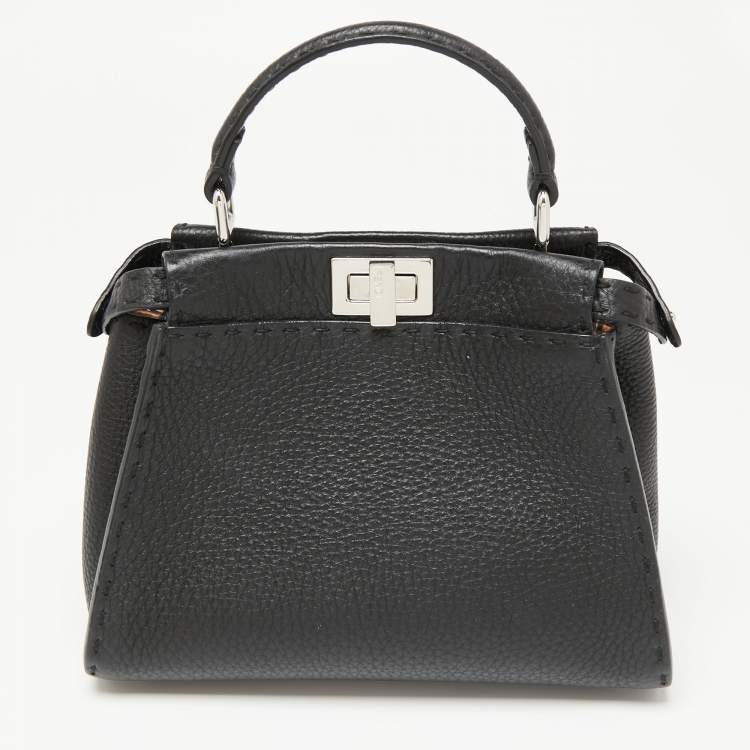 Pre Owned Fendi Black Selleria Leather Mini Peekaboo Top Handle Bag