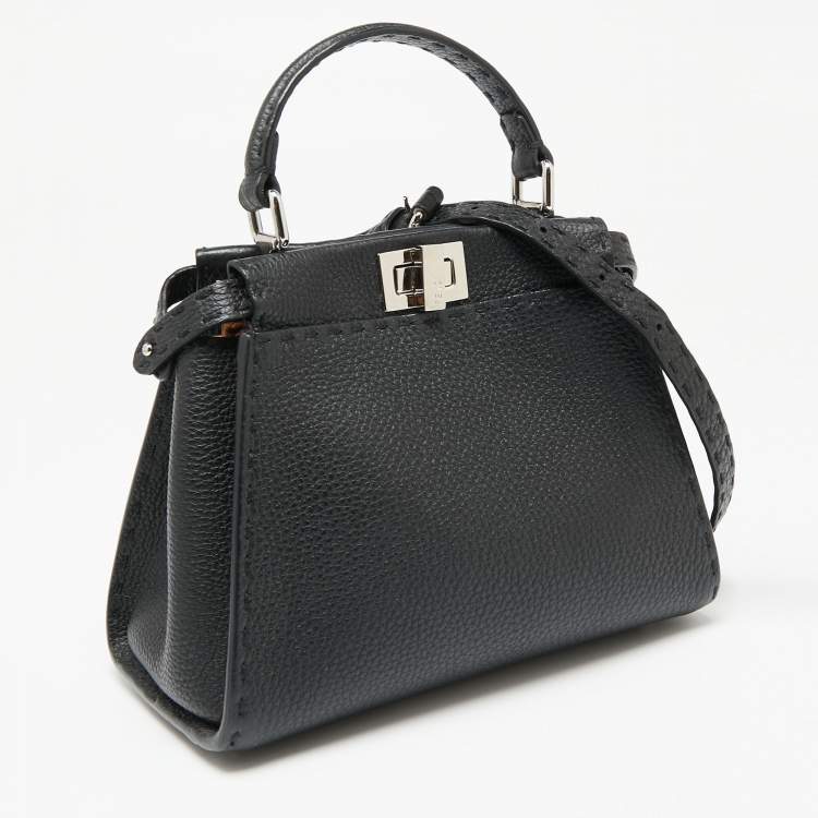 Pre Owned Fendi Black Selleria Leather Mini Peekaboo Top Handle Bag